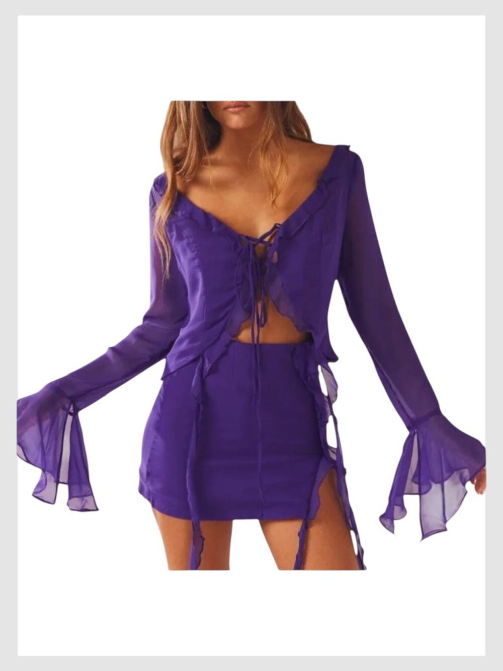 Peppermayo Tie Front Sheer Ruffle Blouse Purple Long Sleeve S